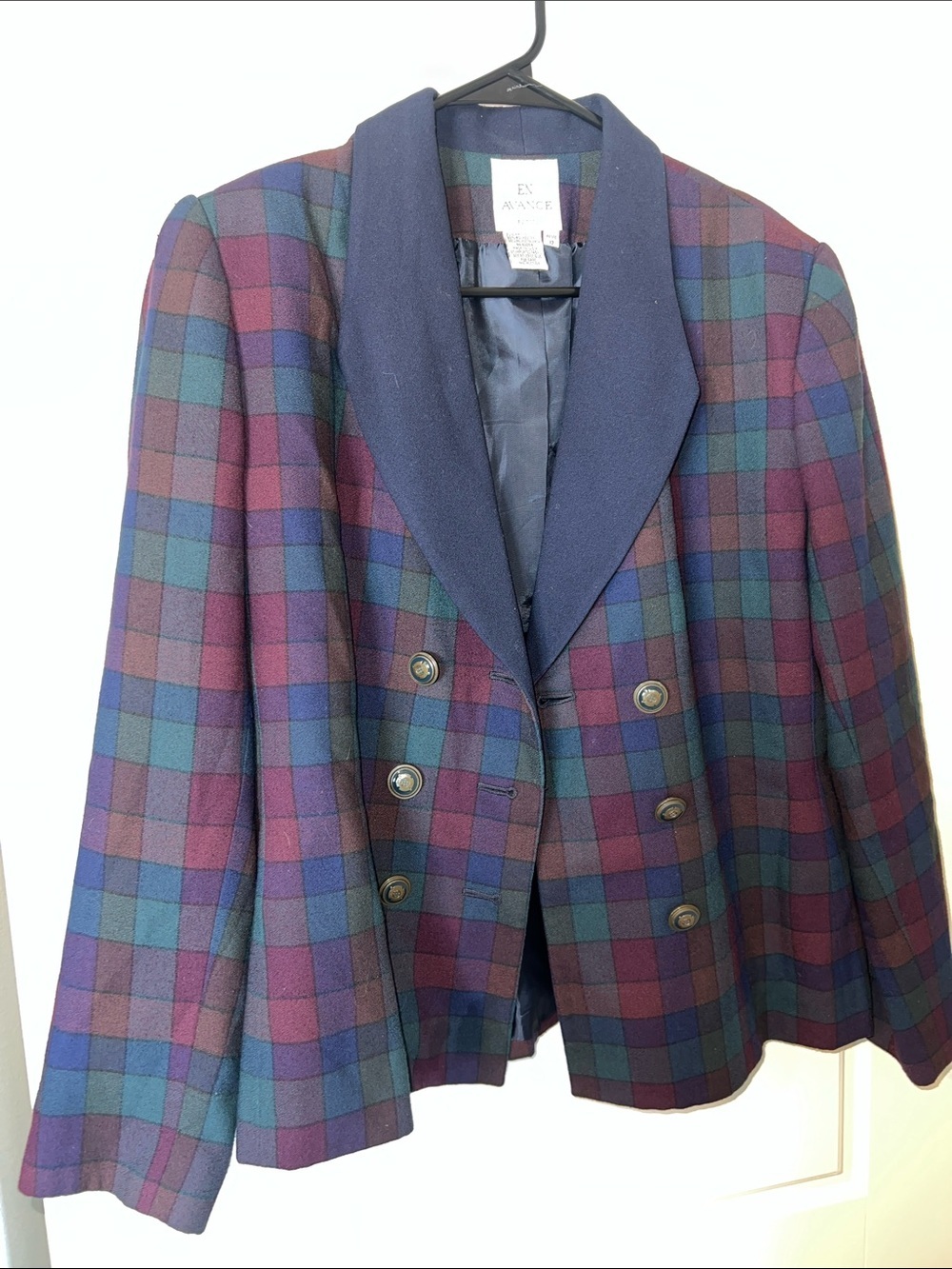 En Avance Plum, Teal & Navy Plaid Double-Breasted Blazer